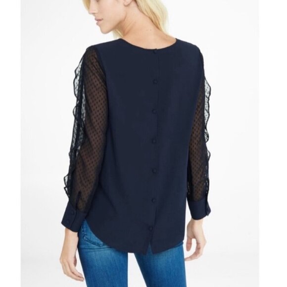 Express Navy Sheer Ruffled Polka Dot Sleeve Blouse, Size Medium - Picture 2 of 16